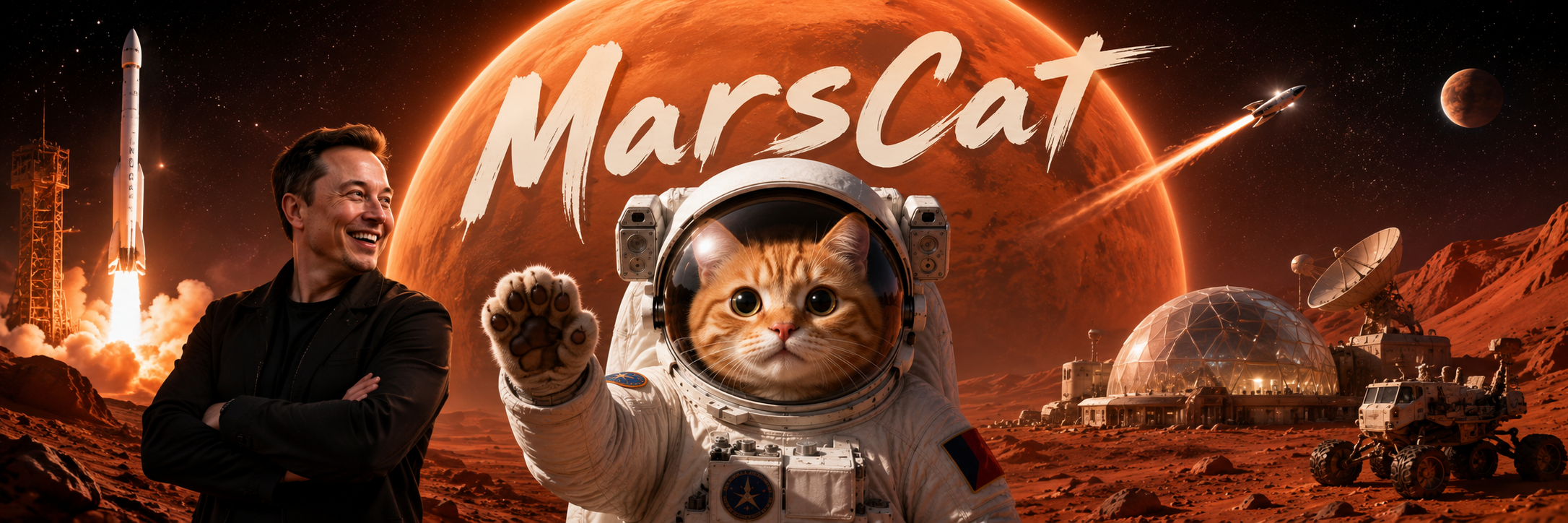Cinematic MarsCat banner: the astronaut cat on Mars with a rocket launch and base in the distance