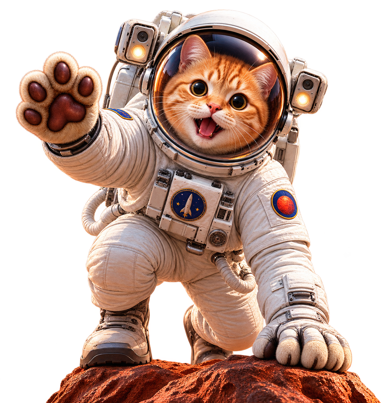 MarsCat, an orange tabby astronaut cat waving from a Martian rock